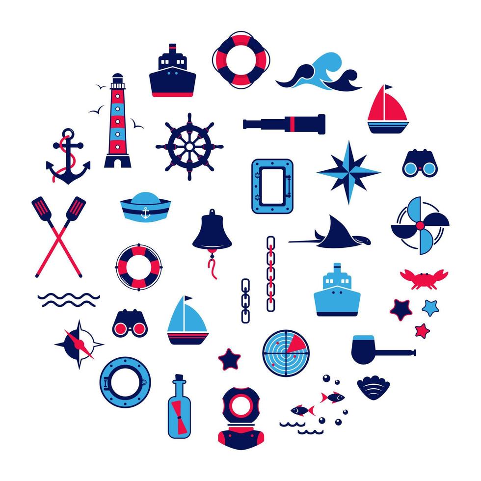Vector set of icons on the theme of the sea, navigation, sea travel. Nautical illustration of objects of navigation, seafaring
