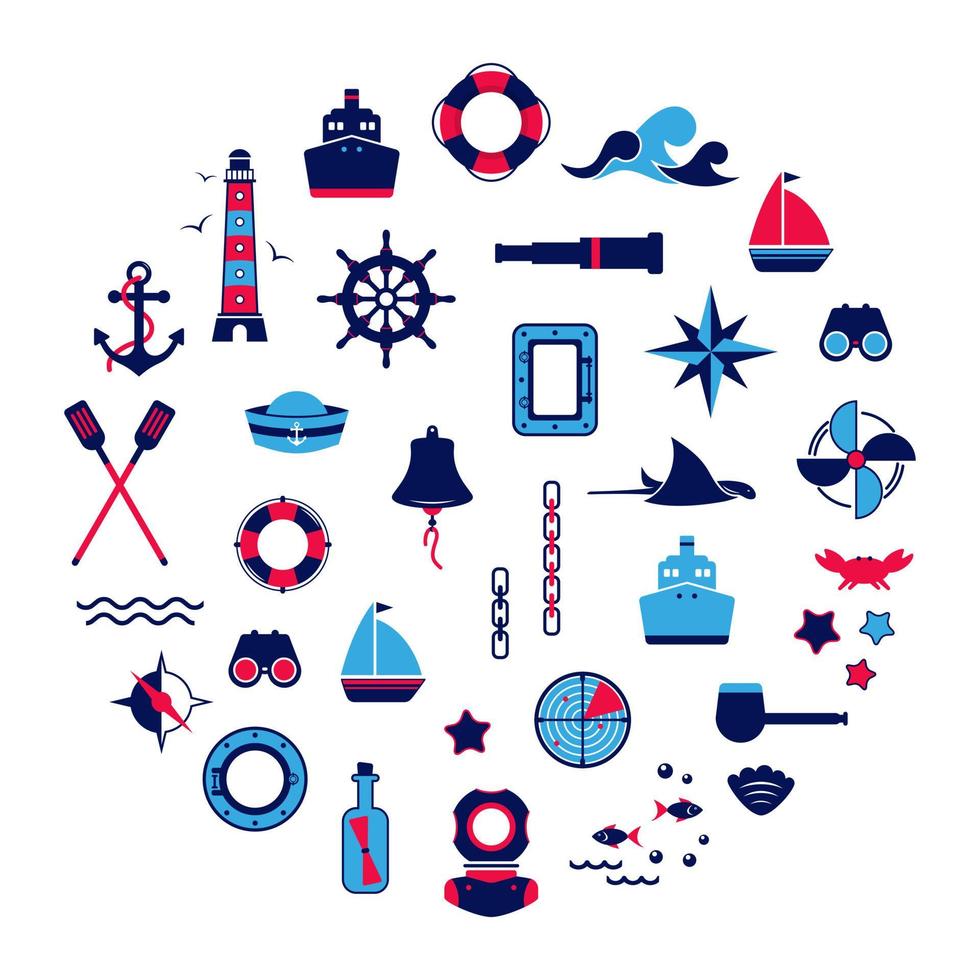 conjunto vectorial de iconos sobre el tema del mar, navegación, viajes por mar. ilustración náutica de objetos de navegación, navegación vector