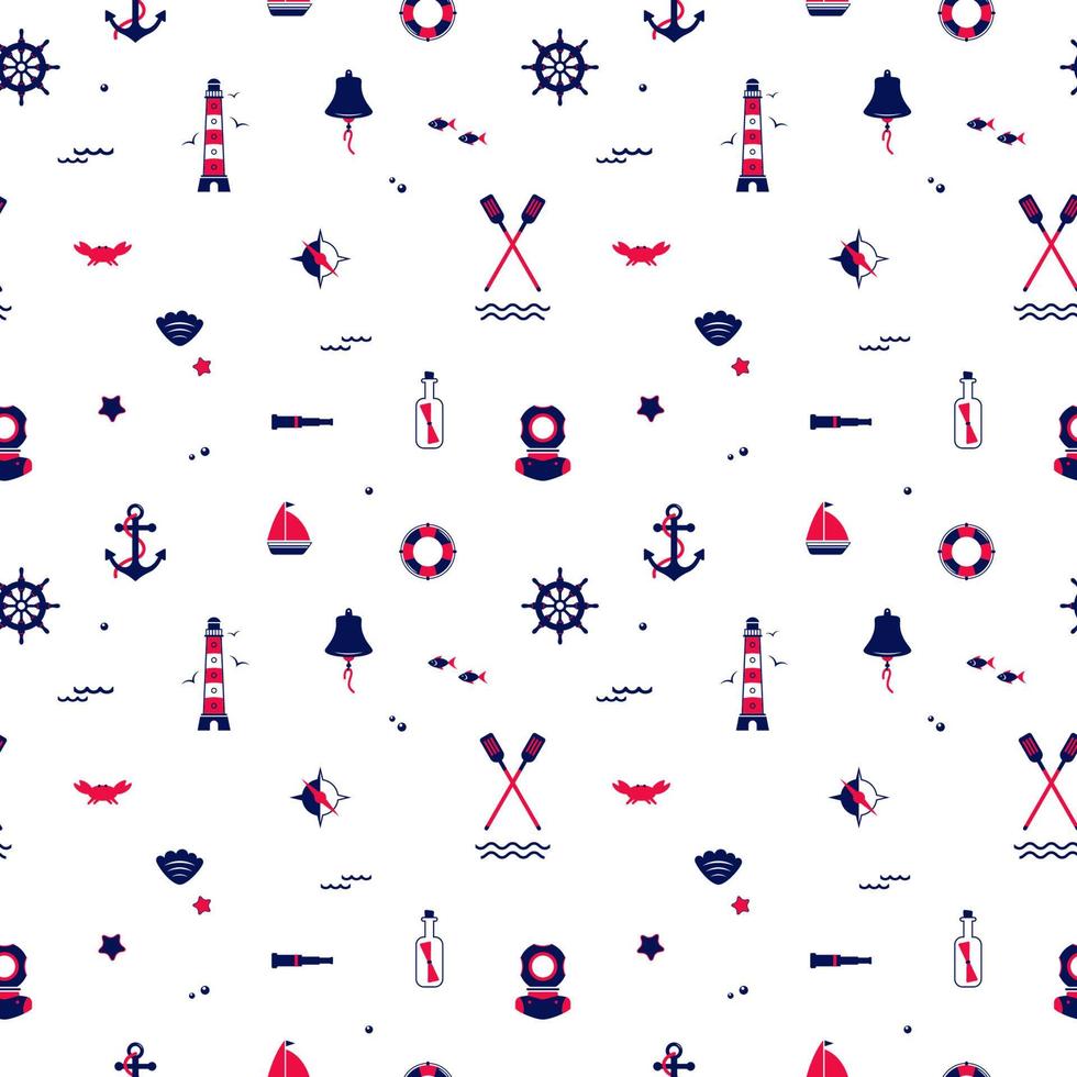Vector seamless pattern of icons on the theme of the sea, navigation, sea travel.   Nautical illustration of objects of navigation, seafaring