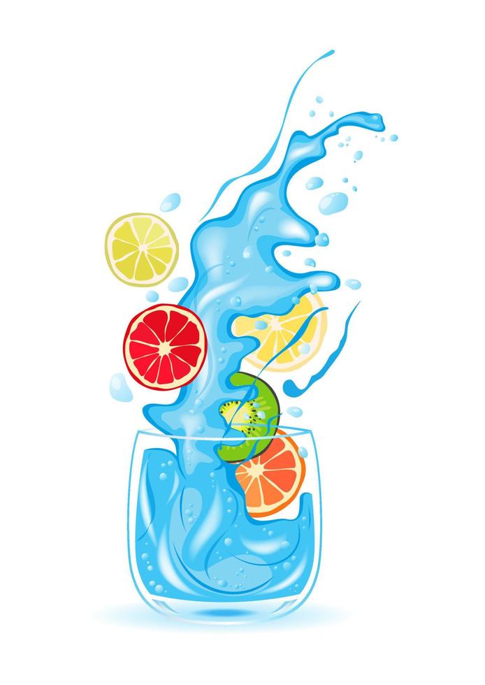 Glass of water, ice water, fruit cocktail, citrus, vector illustration