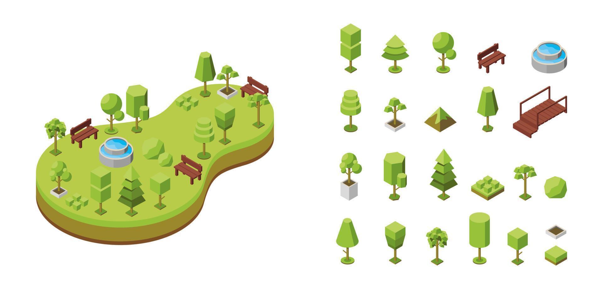 ilustración isométrica vectorial. concepto de parque botánico ecológico, áreas de recreación natural con estanque y puente. paisaje natural, entorno. conjunto de arboles 3d y muebles de exterior vector