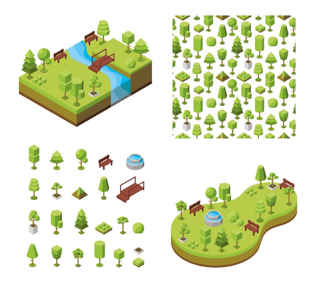 ilustración isométrica vectorial. concepto de parque botánico ecológico, áreas de recreación natural. paisaje natural, entorno. conjunto de árboles 3d e ícono de muebles al aire libre. patrón geométrico sin fisuras vector