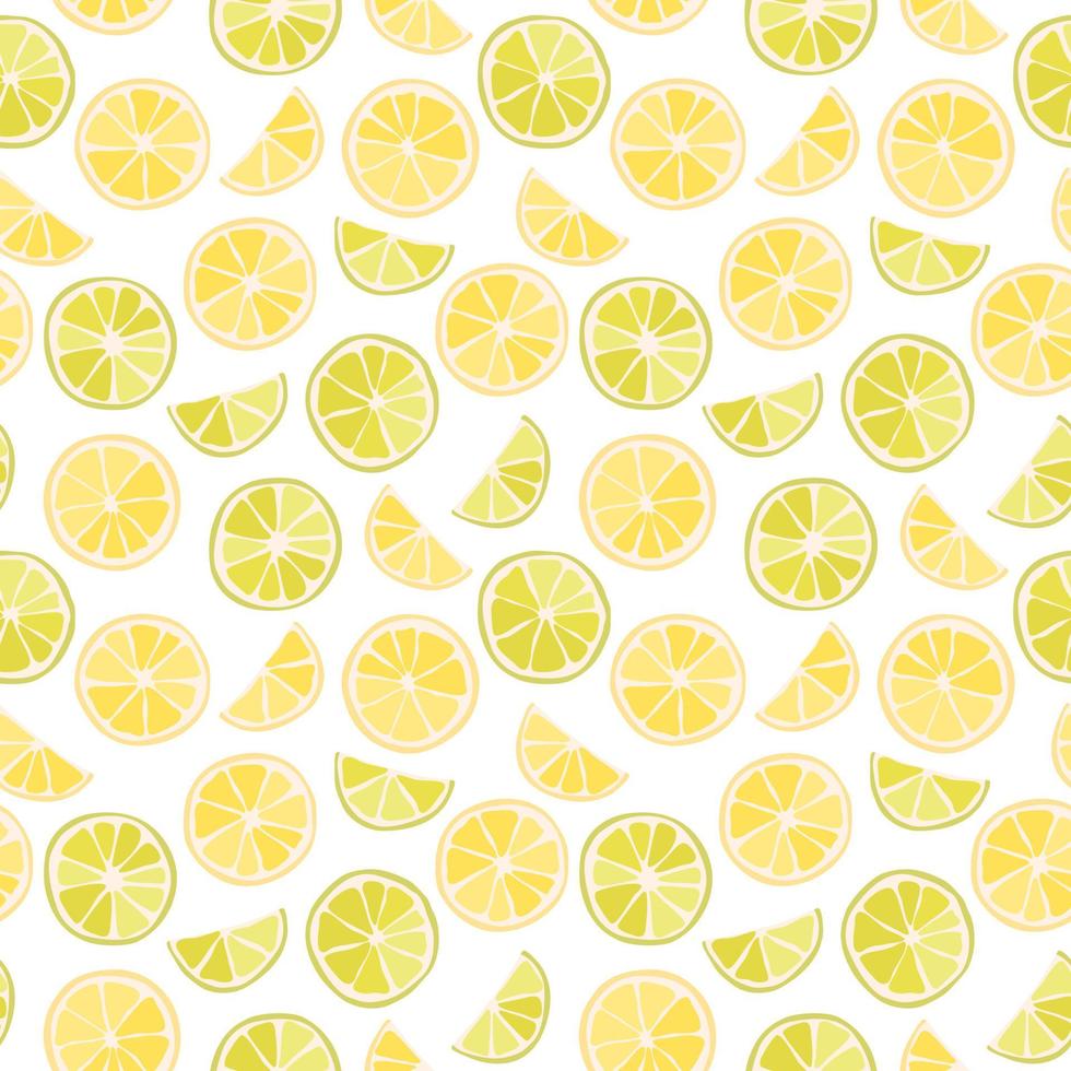 Vector seamless pattern of citruses, lime slices, oranges, lemons. Abstract background, wallpaper. Natural organic food illustration, juicy fruits