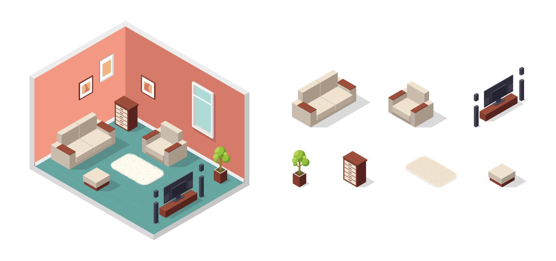 Vector isometric illustration, 3d interior, living room. Furniture isometric icons set