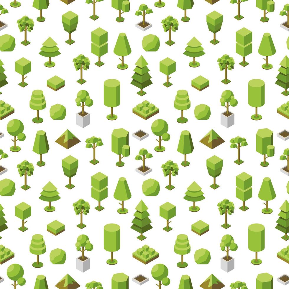 Vector seamless geometric pattern of isometric tree icons. Collection of natural botanical objects. 3d illustration of plants for the park, garden. Conceptual ecological background
