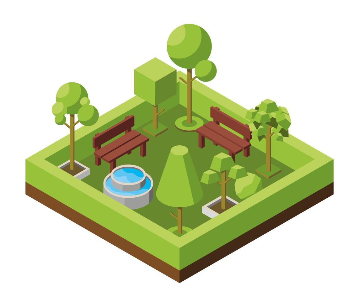 ilustración isométrica vectorial. concepto de parque ecológico, áreas de recreación con fuente. paisaje natural, entorno. reserva natural ajardinada, bosque, arboleda. árboles iconos isométricos vector