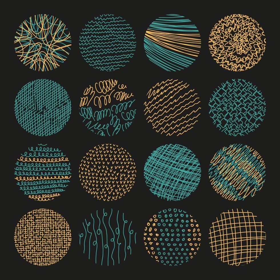 Vector set of round abstract backgrounds. Contemporary concept trend illustration.   Patterns of hand drawn curves, lines, points, spots. Doodle icons set for social networks,  posters