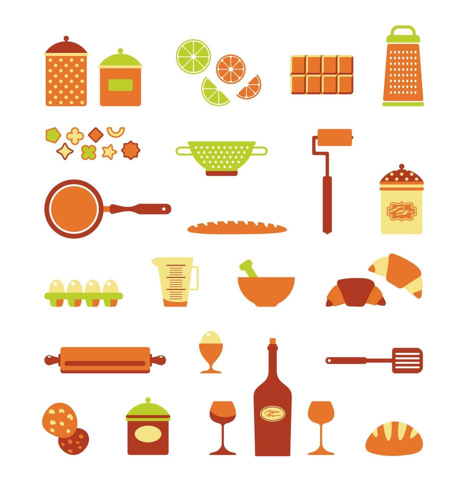 conjunto vectorial de íconos de comida, panadería, equipo de cocina, utensilio. objetos aislados sobre fondo blanco. un conjunto de artículos sobre el tema de la cocina. ilustración de vector de dibujos animados plana sobre comida y cocina