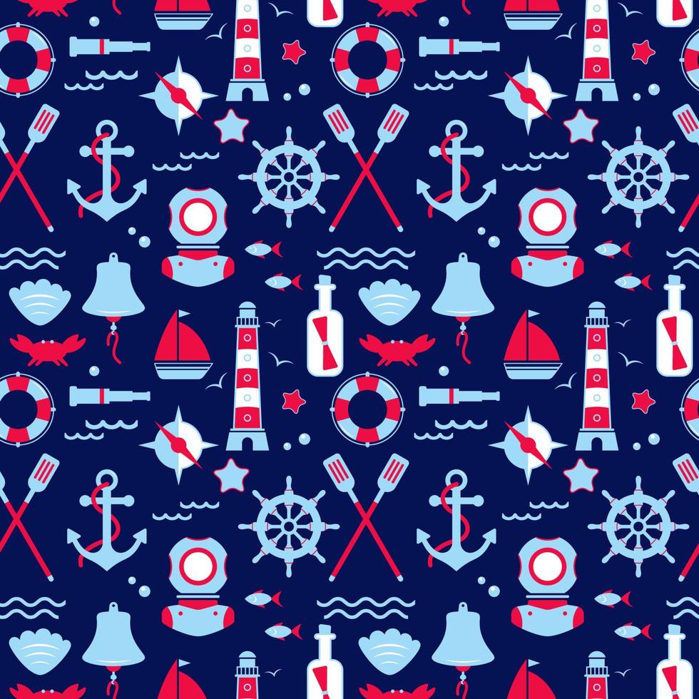 Vector seamless pattern of icons on the theme of the sea, navigation, sea travel.   Nautical illustration of objects of navigation, seafaring