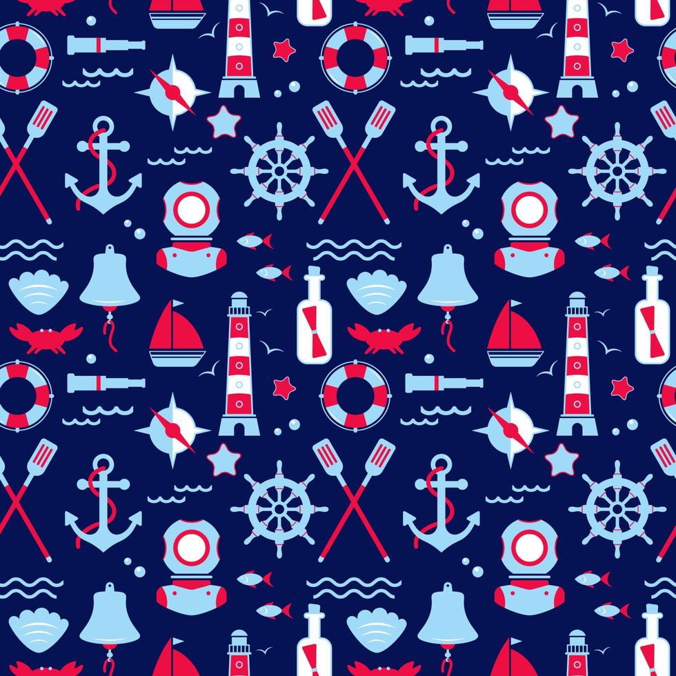 Vector seamless pattern of icons on the theme of the sea, navigation, sea travel.   Nautical illustration of objects of navigation, seafaring