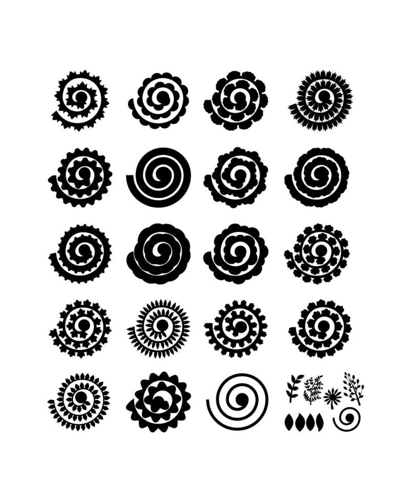 Set of rolled flowers, leaves. Collection rolled paper flower. Black color. Vector silhouettes for scrapbooking, crafting. Home decor, greeting card. Plotter cutting for paper. Cut file