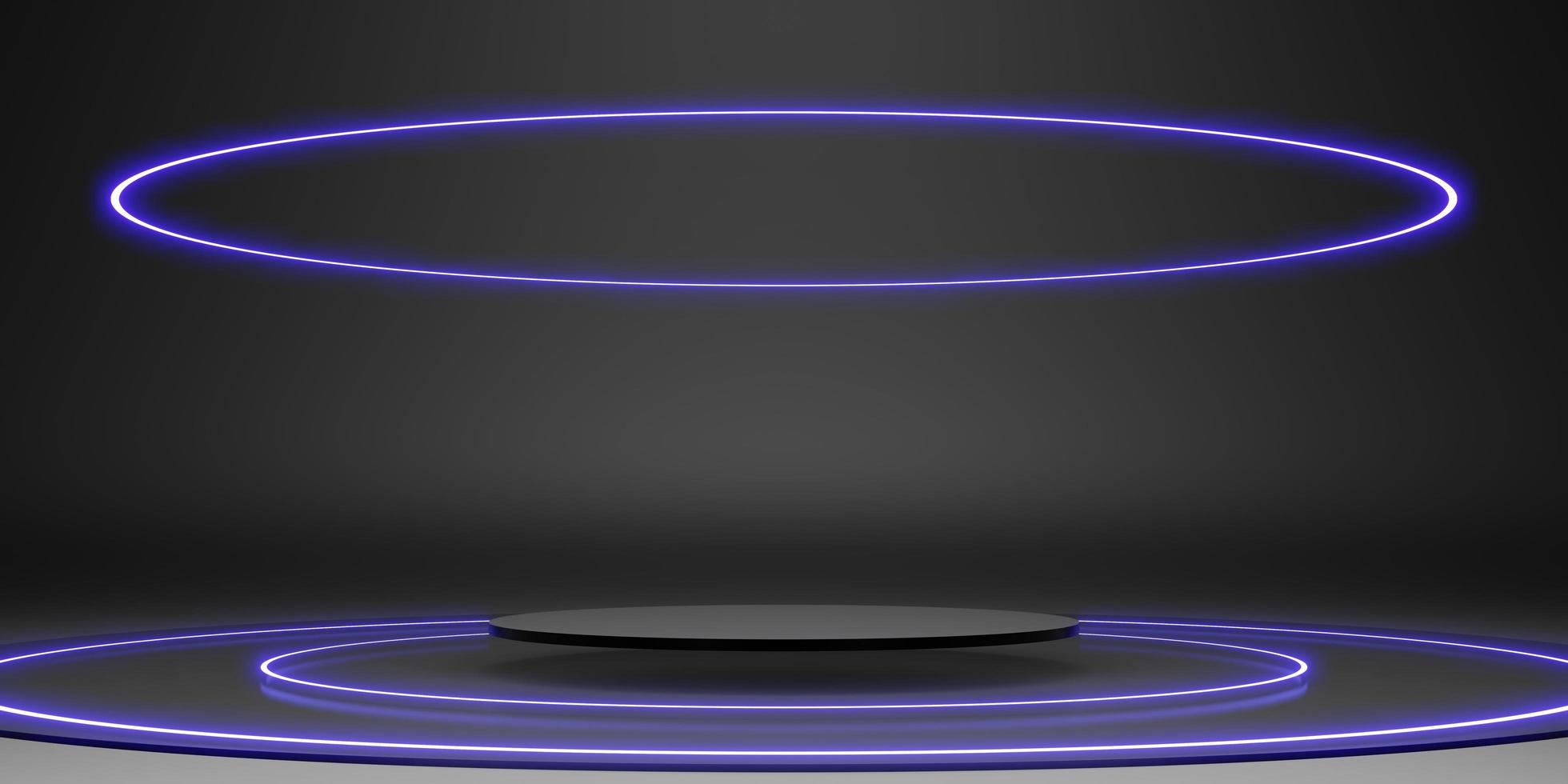 soporte de exhibición de escenario de podio de anillo láser fondo de brillo de neón negro ilustración 3d oscura foto