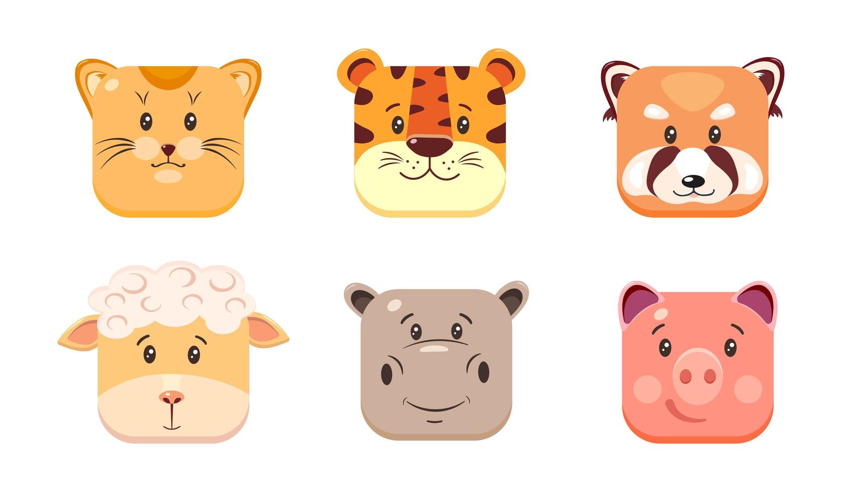 Cute square animal faces in cartoon style. vector