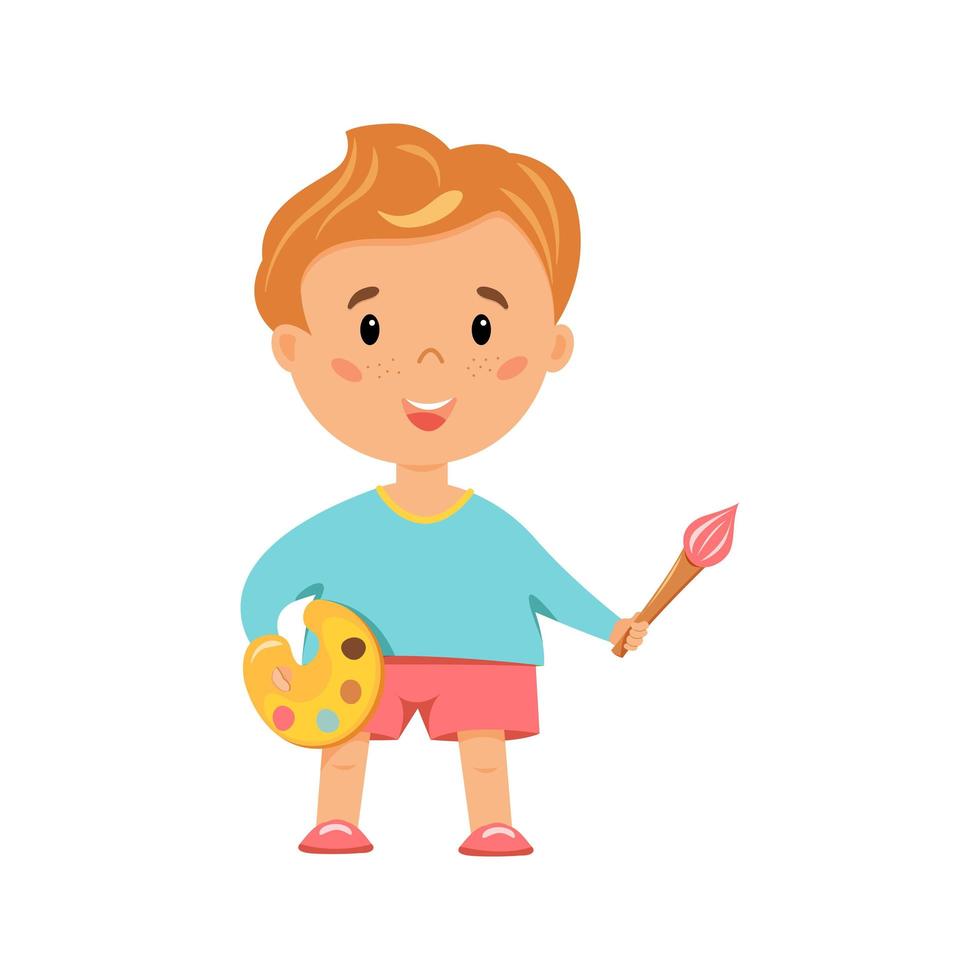 niño sosteniendo pinturas con pincel en la mano, ilustración vectorial aislada en blanco. vector