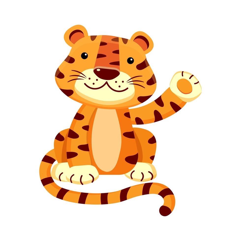 Cute tiger cub waving paw, greets smiling, isolated on white. vector