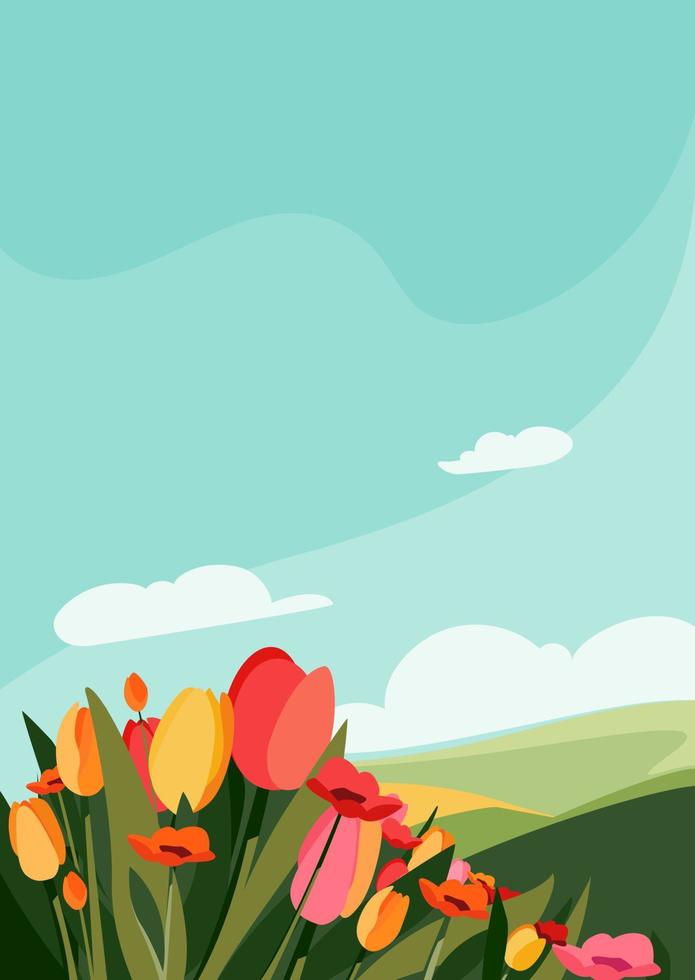 Different flowers on the meadow. Natural scenery in portrait format. vector