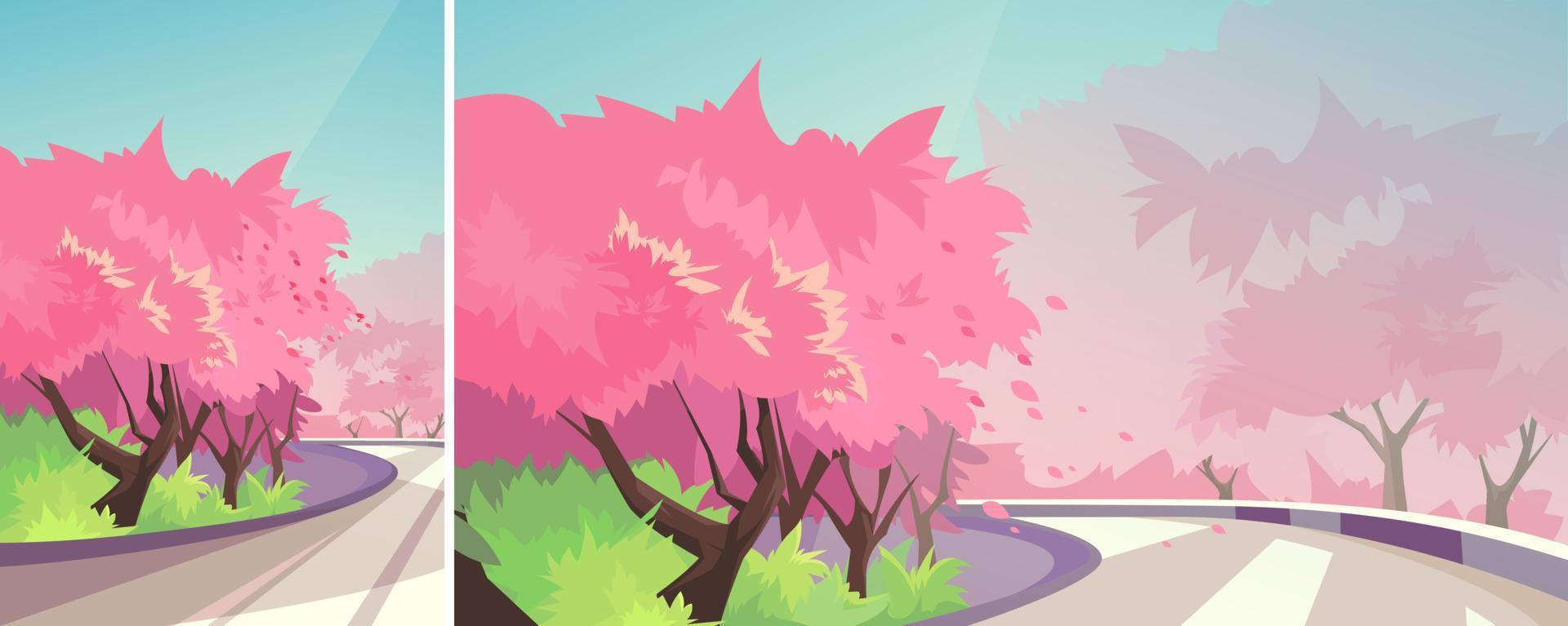 Cherry blossoms along the road. Nature landscape in different formats. vector