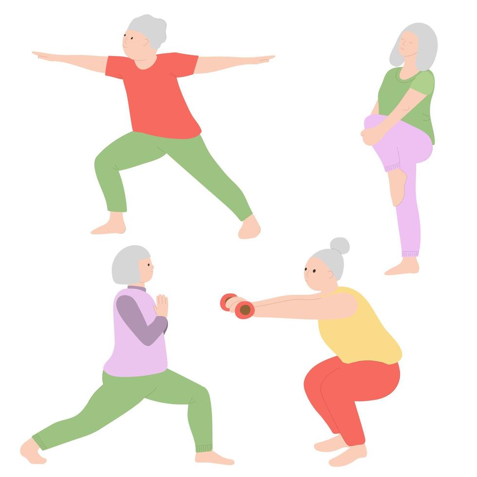 A group of older women practice yoga classes. The women are doing stretching. Vector illustration on white background. Hand drawing. For print, web design.