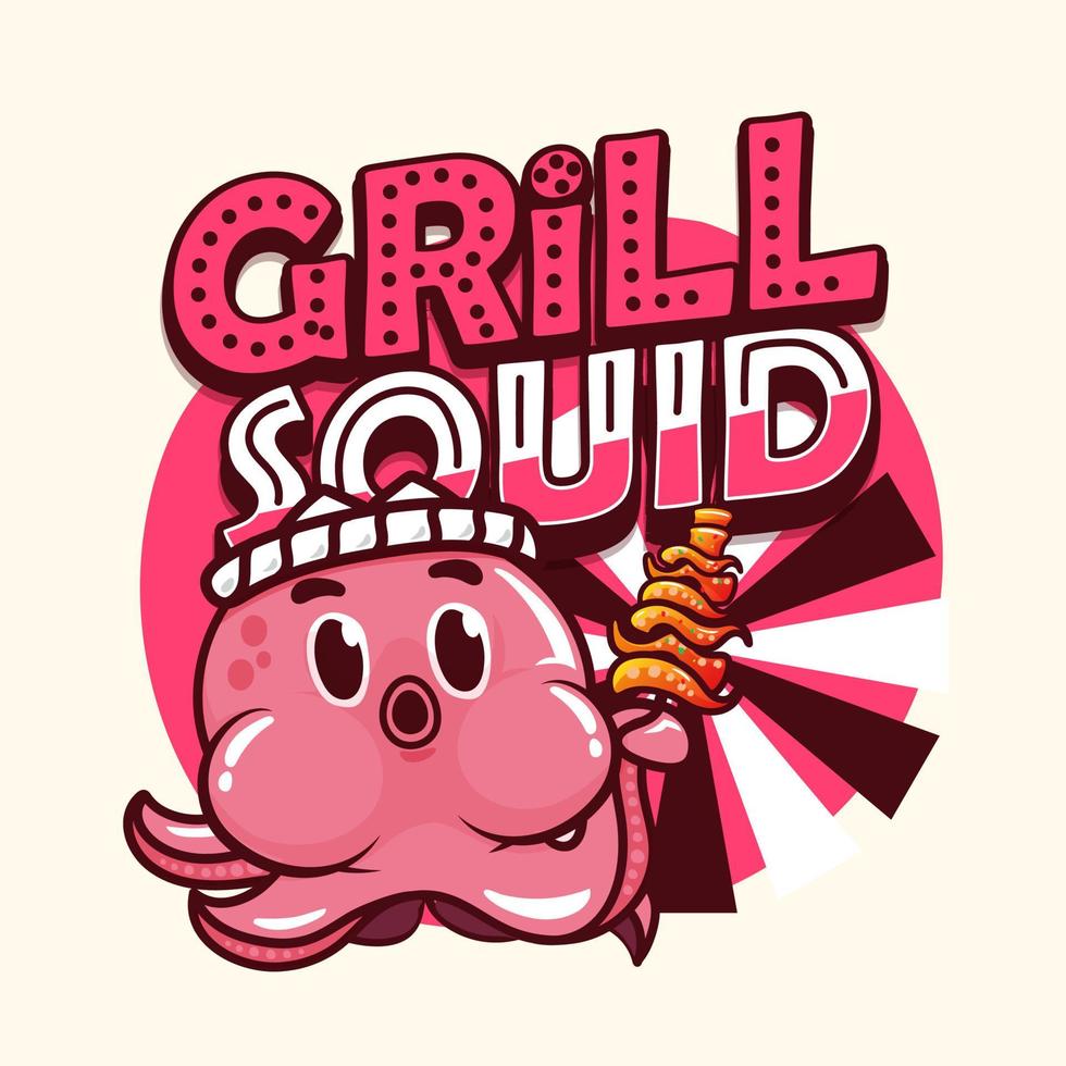 Grill squid cartoon on yellow background vector