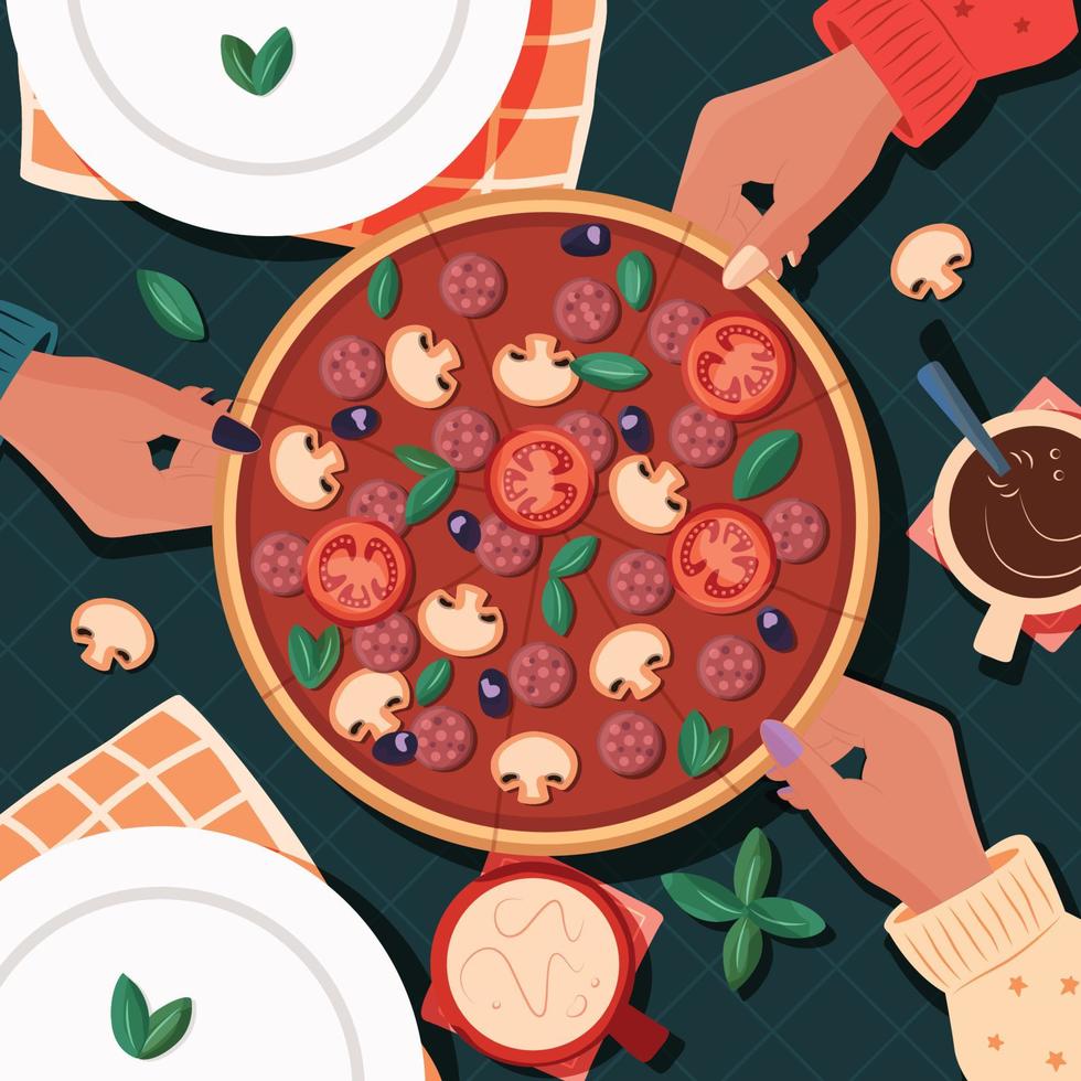 Top view of table with pizza and friends sharing. People taking slices, having a meal, with drinks. Colorful vector illustration.