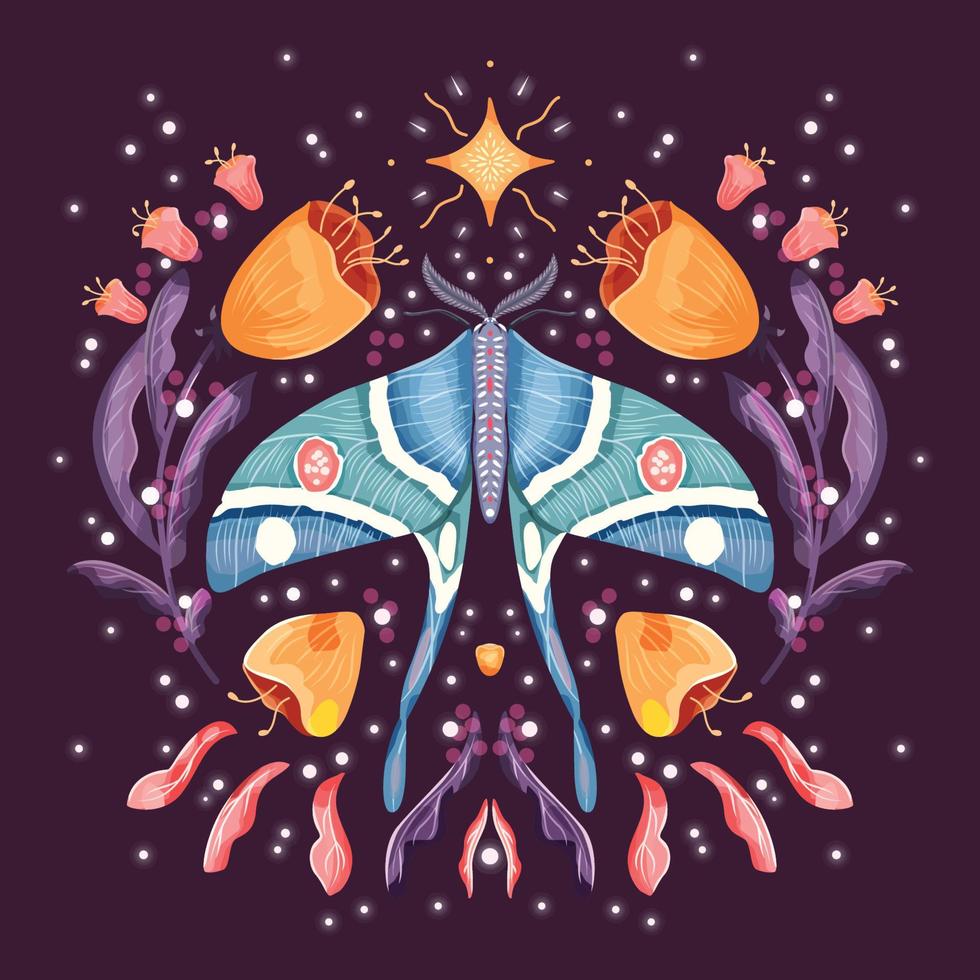 Moth and floral motifs, pattern design in symmetry. Colorful flat vector illustration with moth, flowers, floral elements and stars.