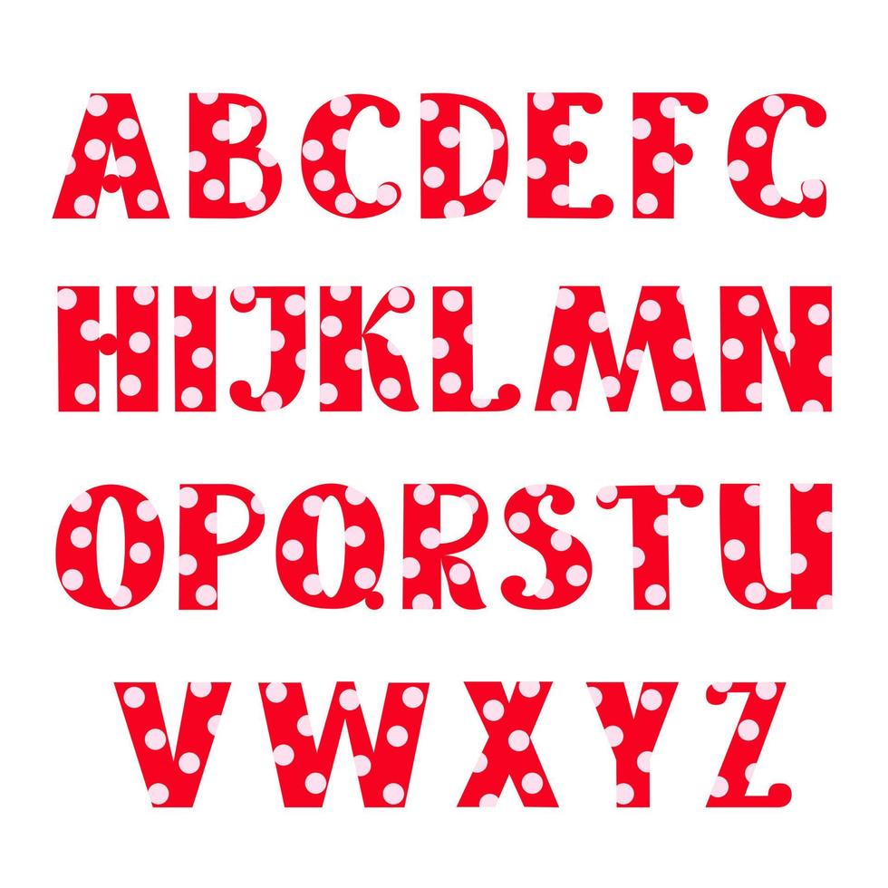 rojo capital decorado con lunares rosas letras dibujadas a mano del alfabeto inglés ilustración de vector de estilo de dibujos animados simple, abc caligráfico, escritura graciosa, garabato y letras