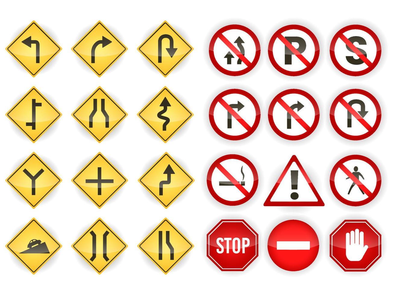 Set of red and yellow traffic sign isolated vector