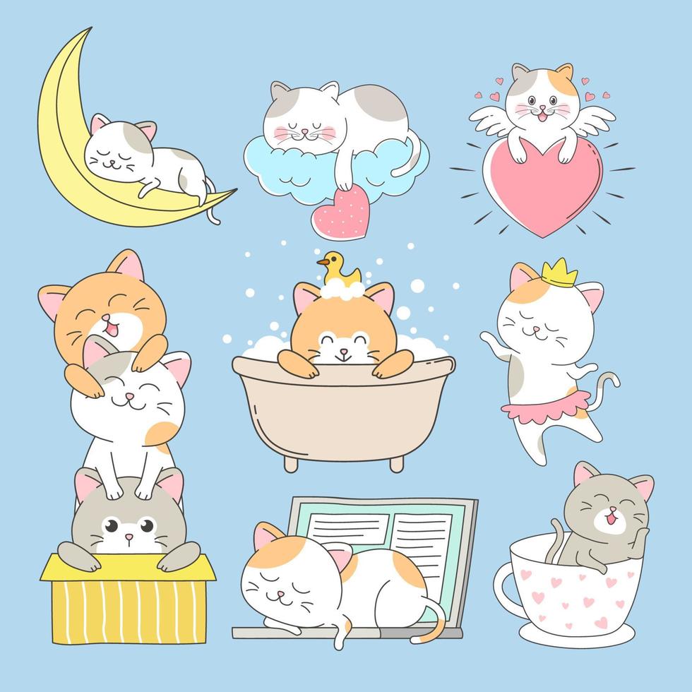set of cute cat with costume and doing activity vector