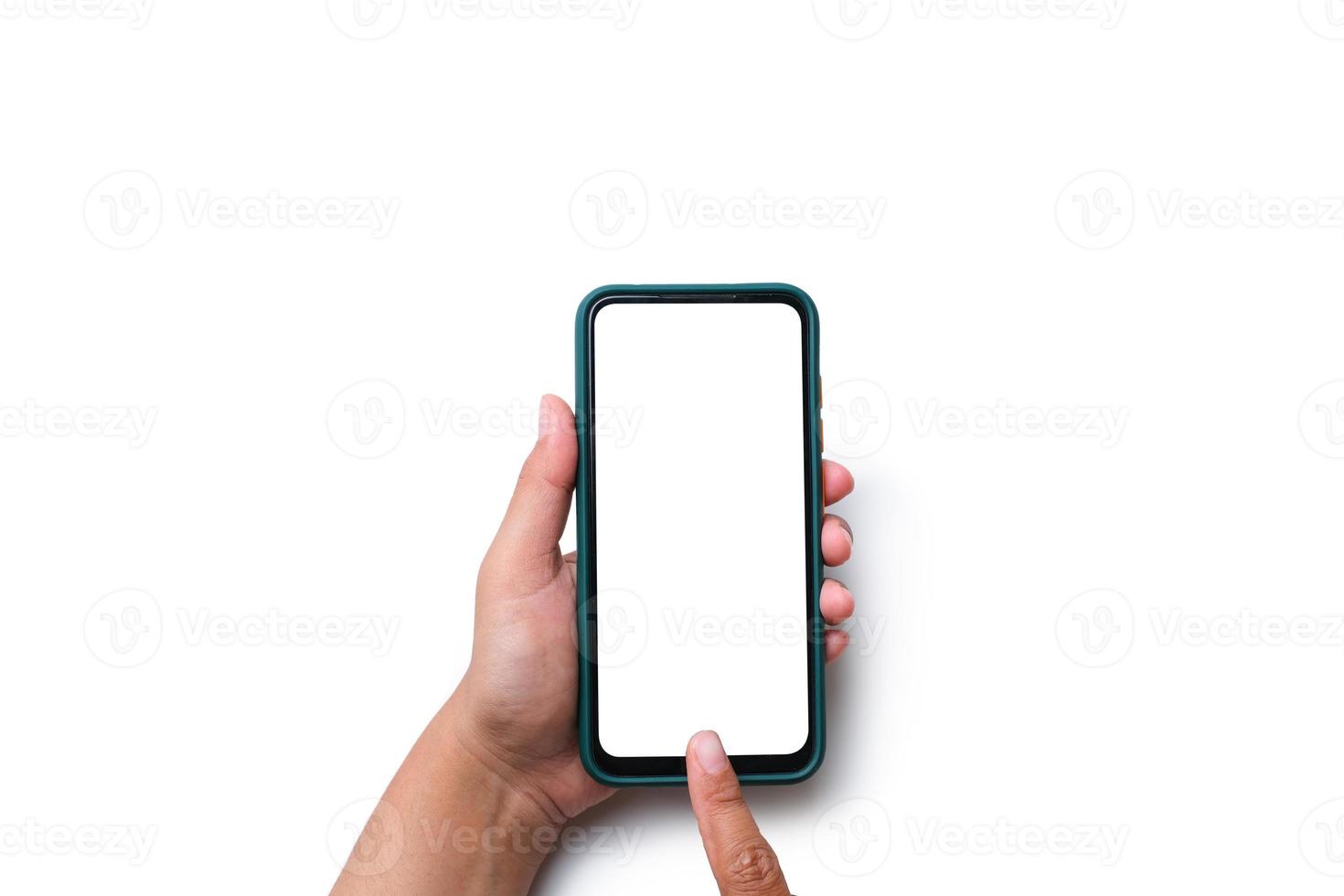 Hand holding cellphone with blank white screen photo