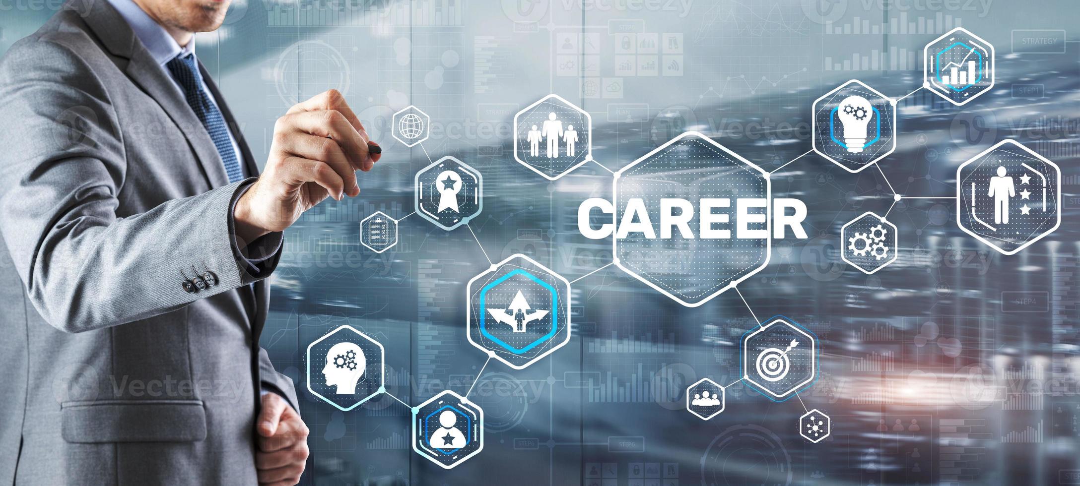 Career Inscription and people icons on virtual screen. Businessman pressing Career photo