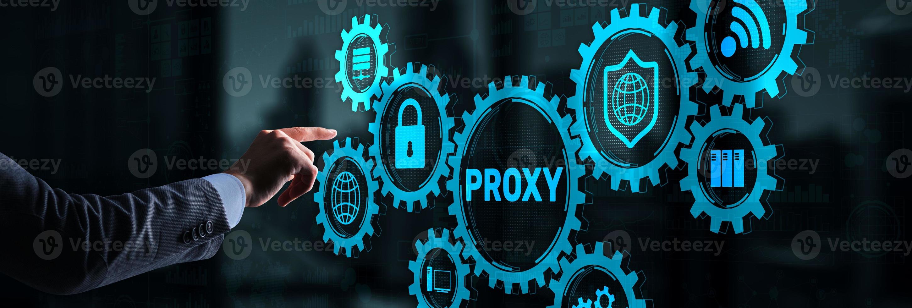Proxy server. Cyber security. Concept of network security on virtual screen photo