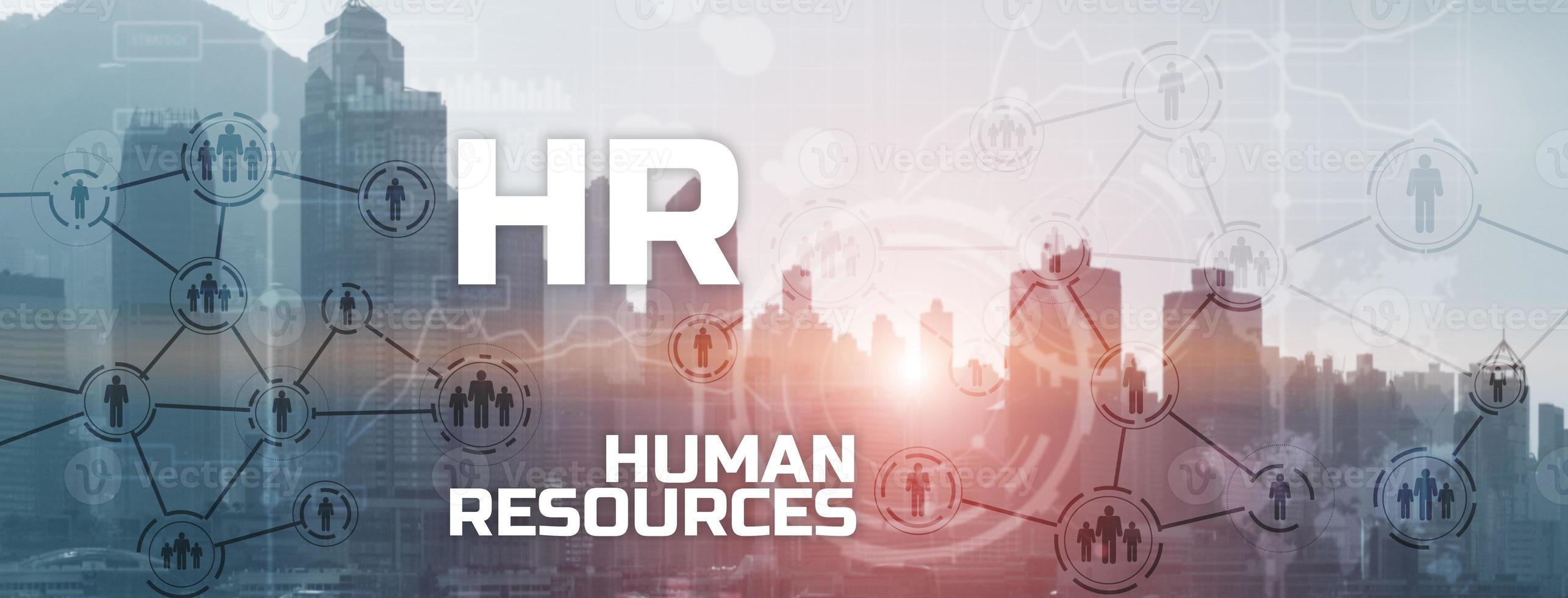 HR - Human resources management and recruitment concept on modern city. Double exposure people network structure photo