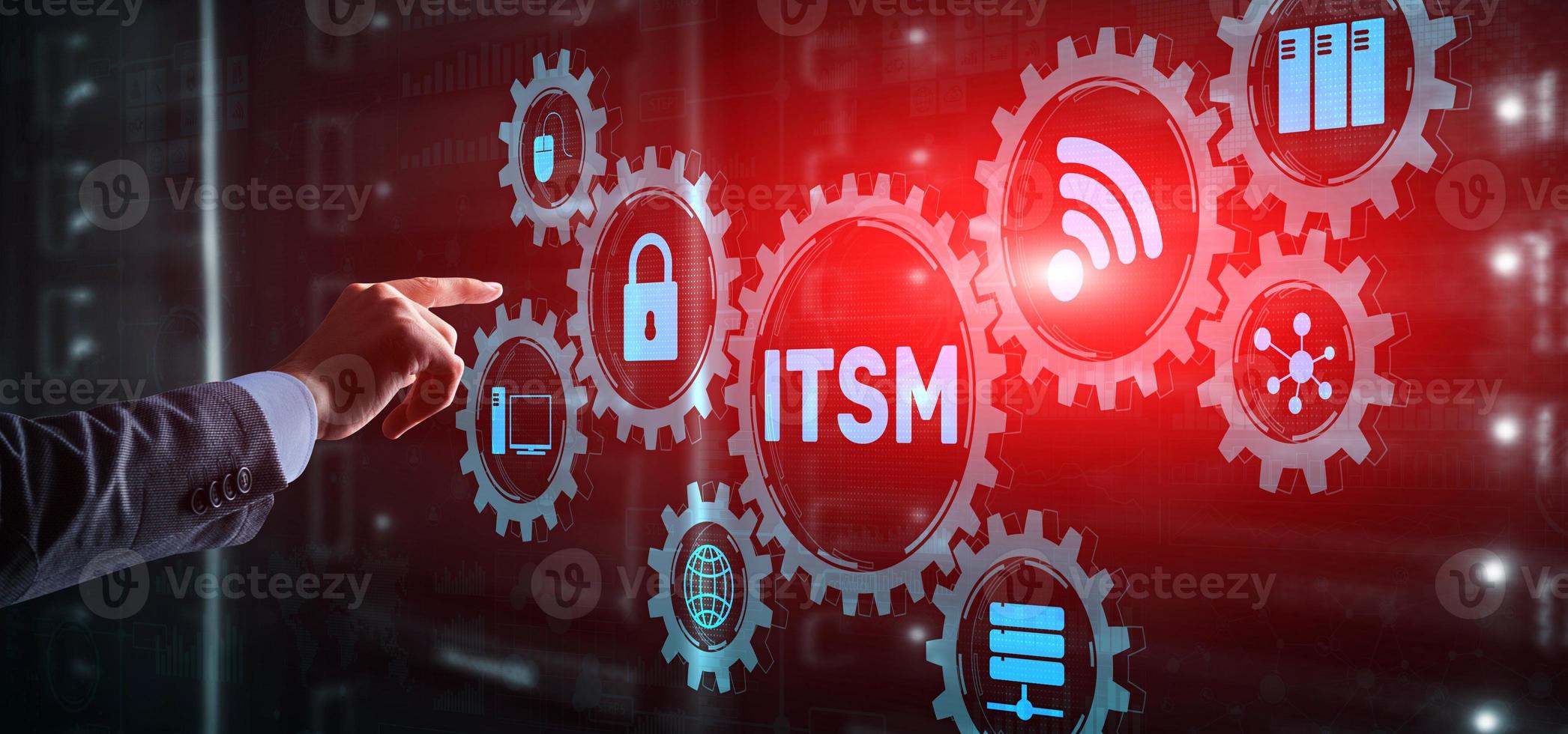 Business Technology Internet concept. Businessman pressing button on touch screen interface and select it service management photo