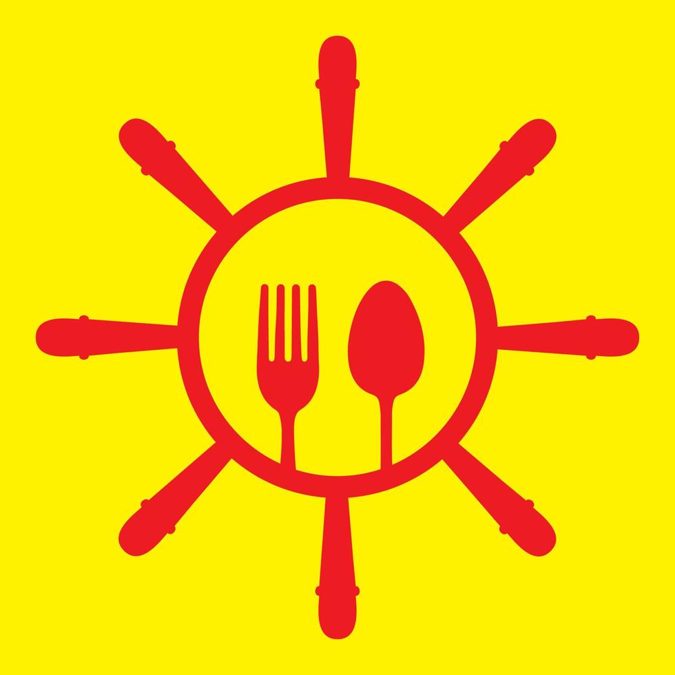 cuchara y tenedor con rueda de barco restaurante diseño de logotipo vector icono símbolo ilustración gráfica