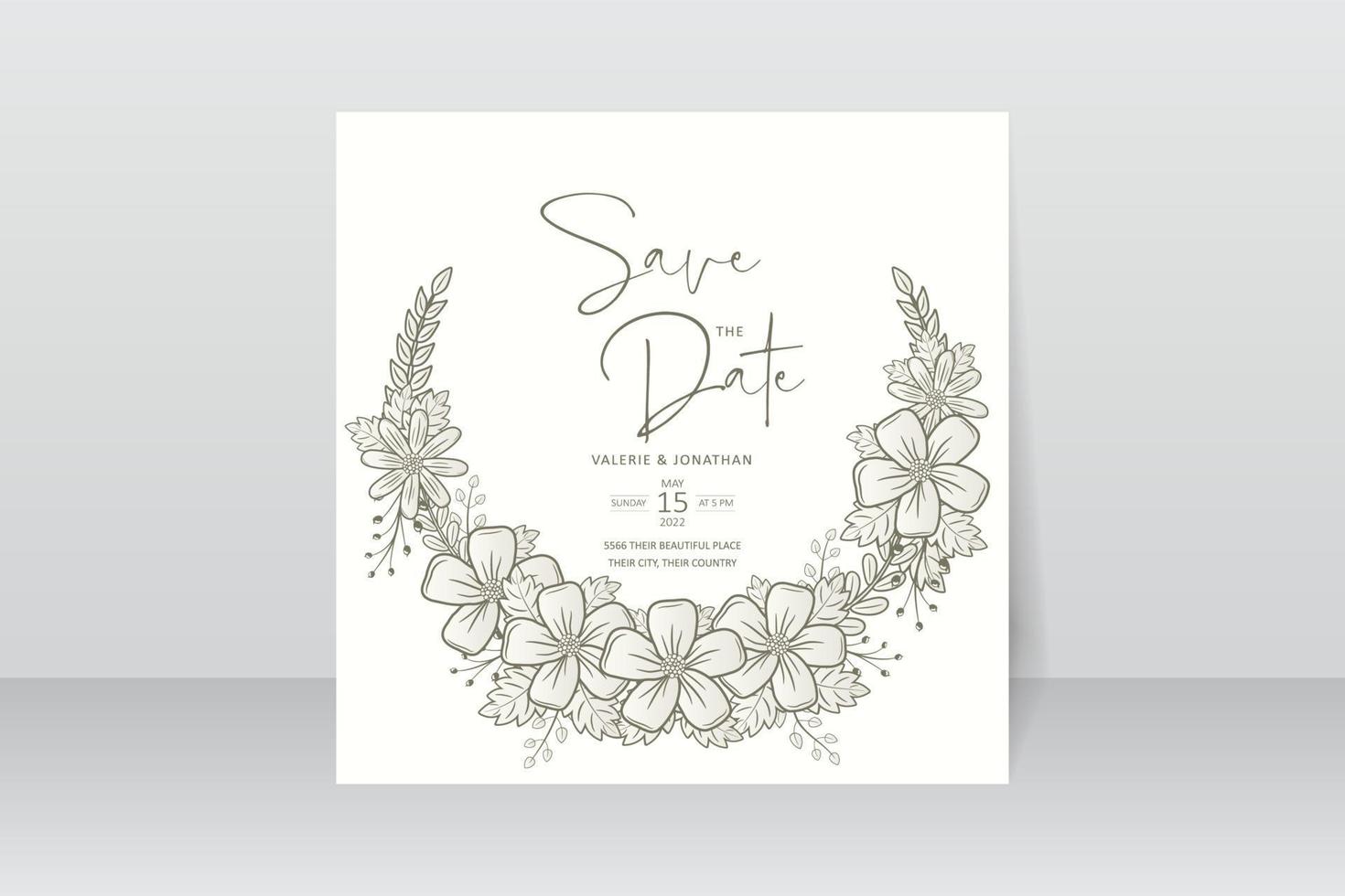 Wedding invitation template with floral outline decoration vector