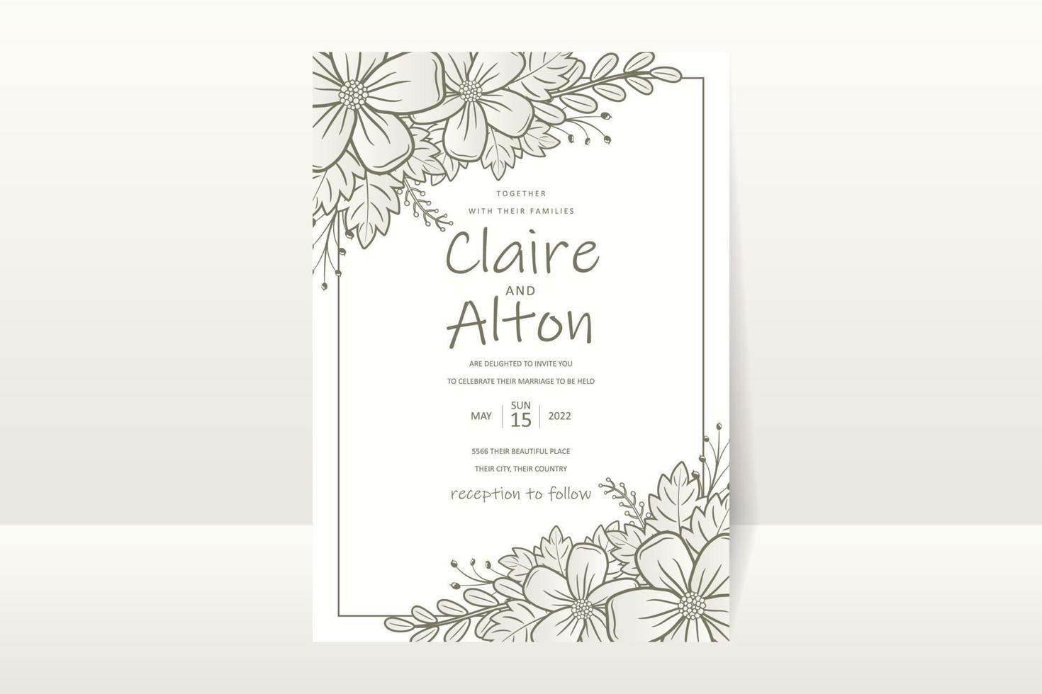 Wedding invitation template with floral outline decoration vector