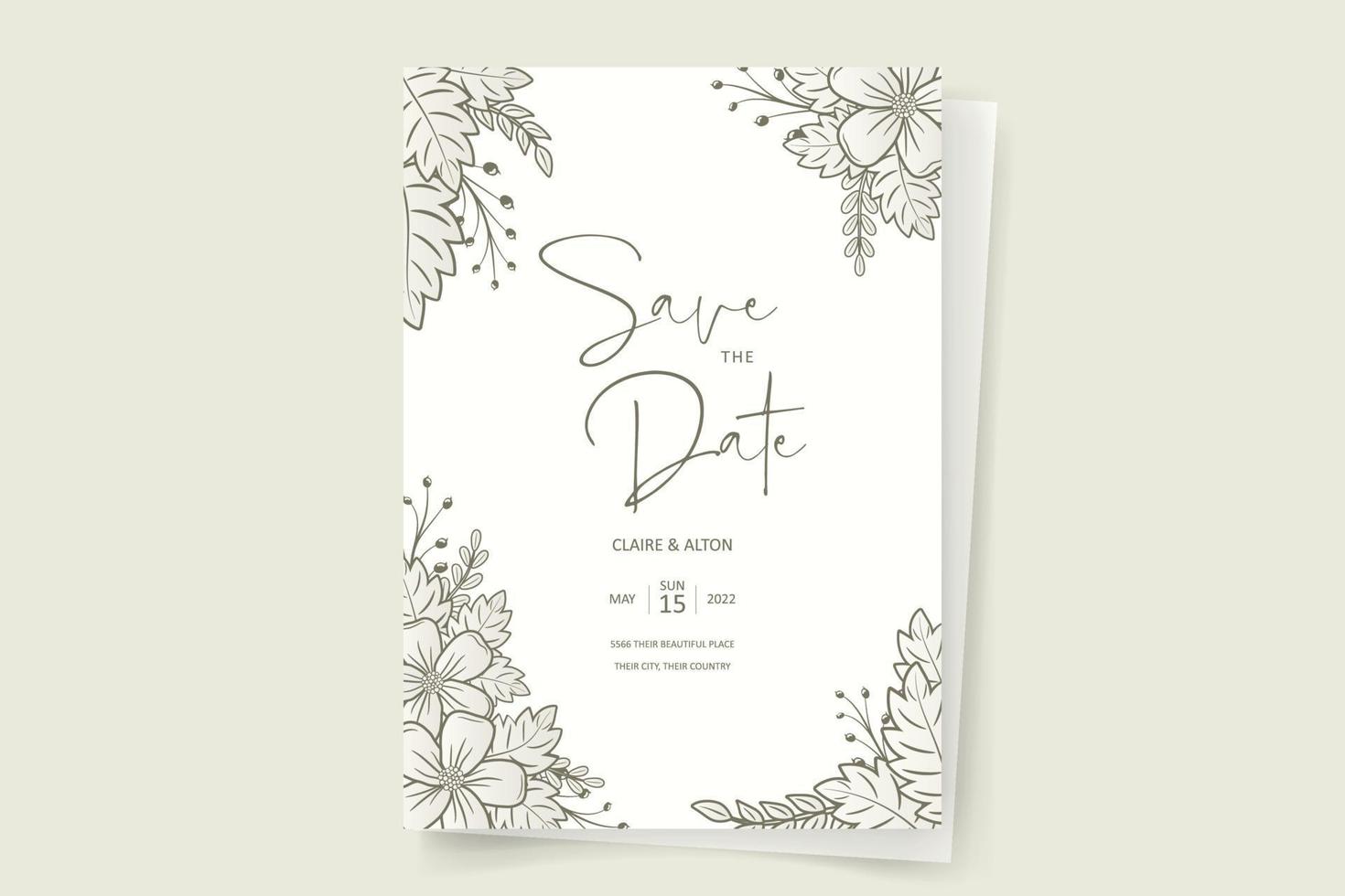 Wedding invitation template with floral outline decoration vector