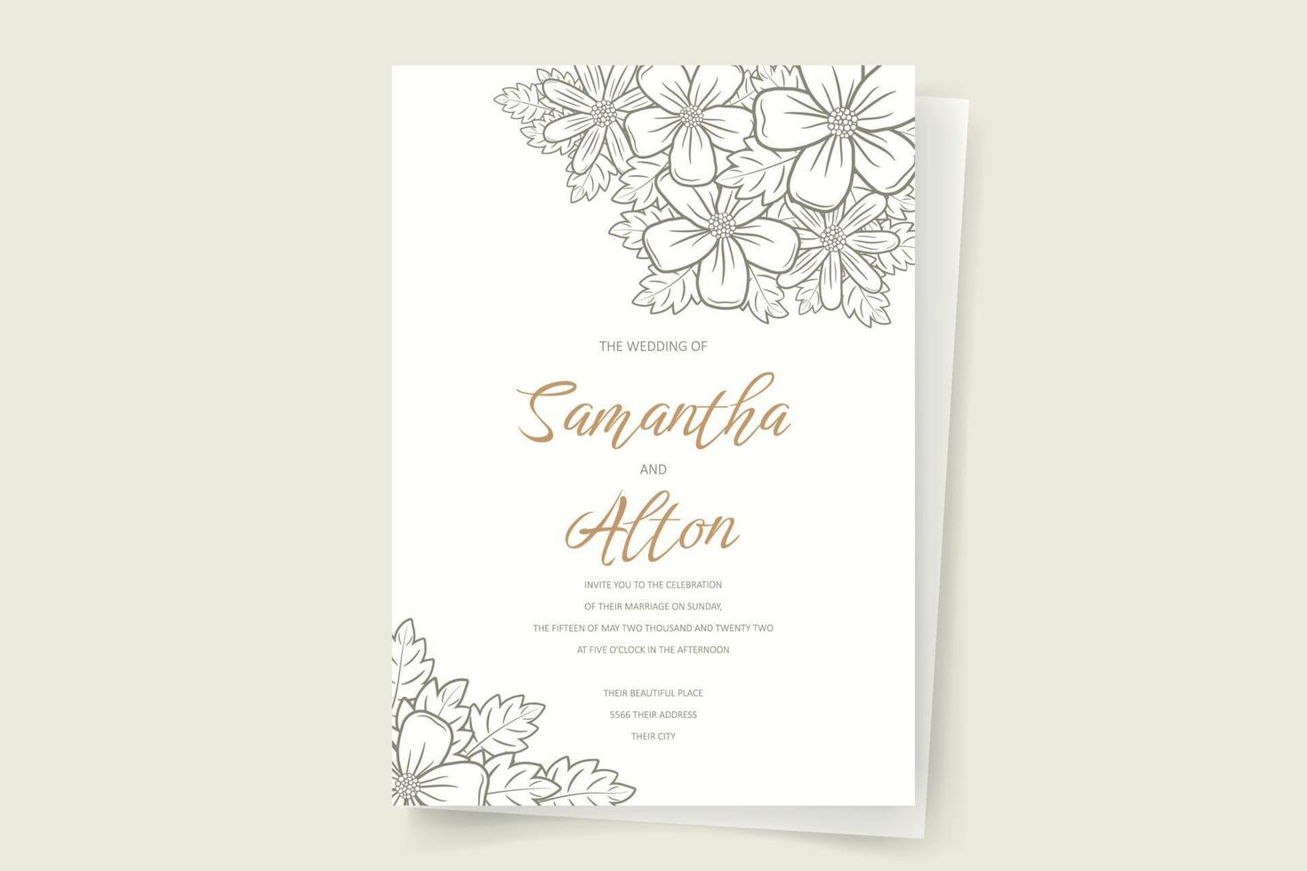 Wedding invitation template with floral outline decoration vector