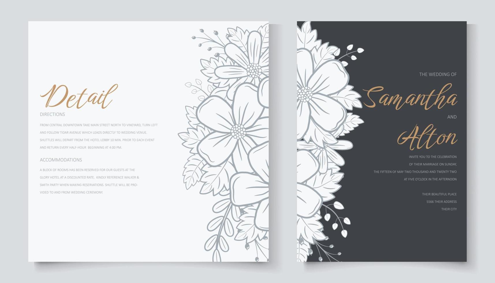 Wedding invitation template with floral outline decoration vector