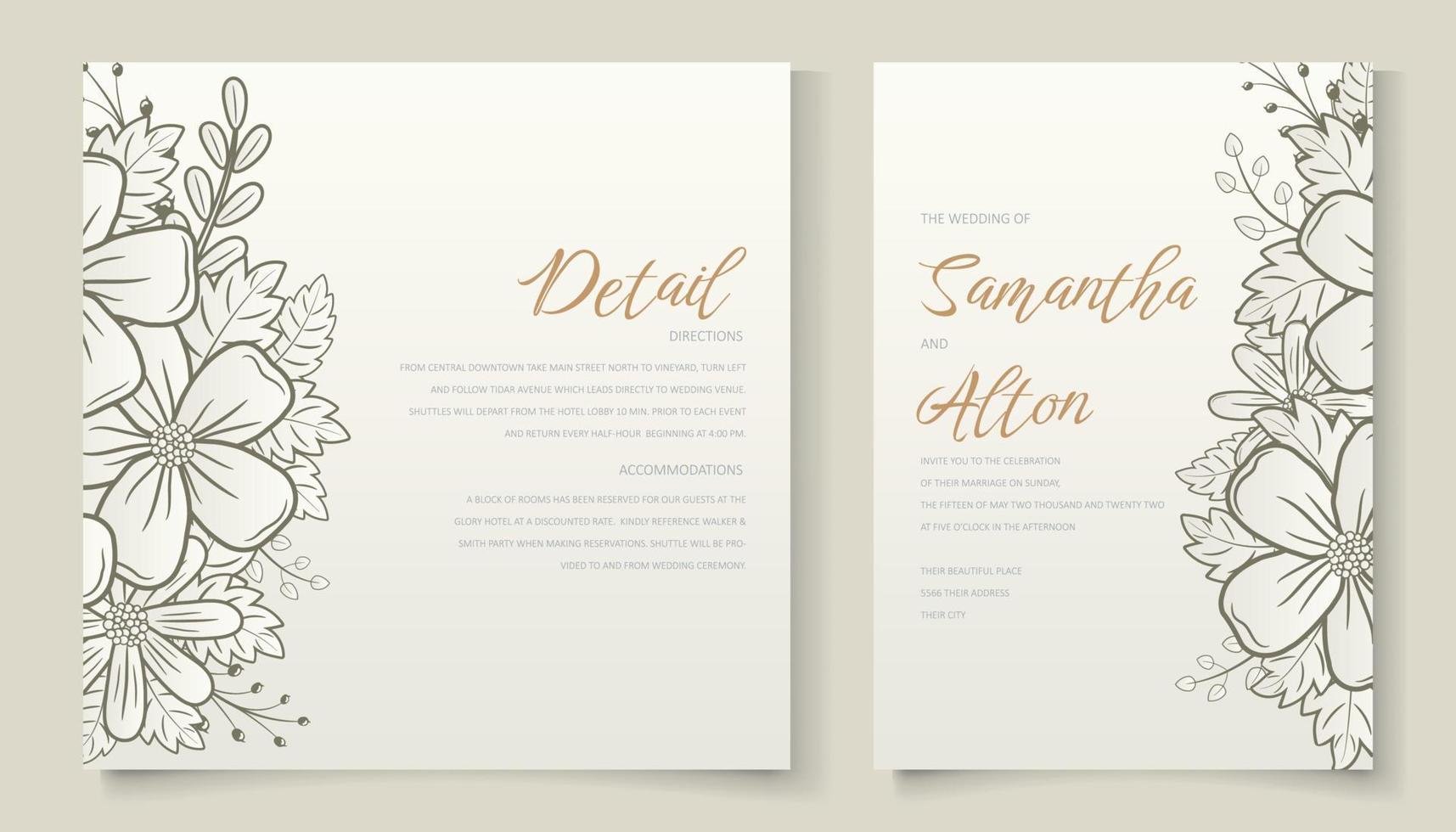 Wedding invitation template with floral outline decoration vector