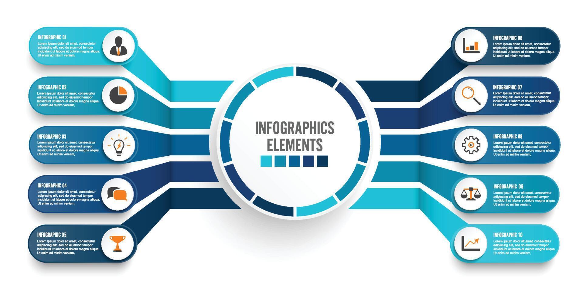 Vector infographic template with 3D paper label, integrated circles. Business concept with 10 options. For content, diagram, flowchart, steps, parts, timeline infographics, workflow, chart.