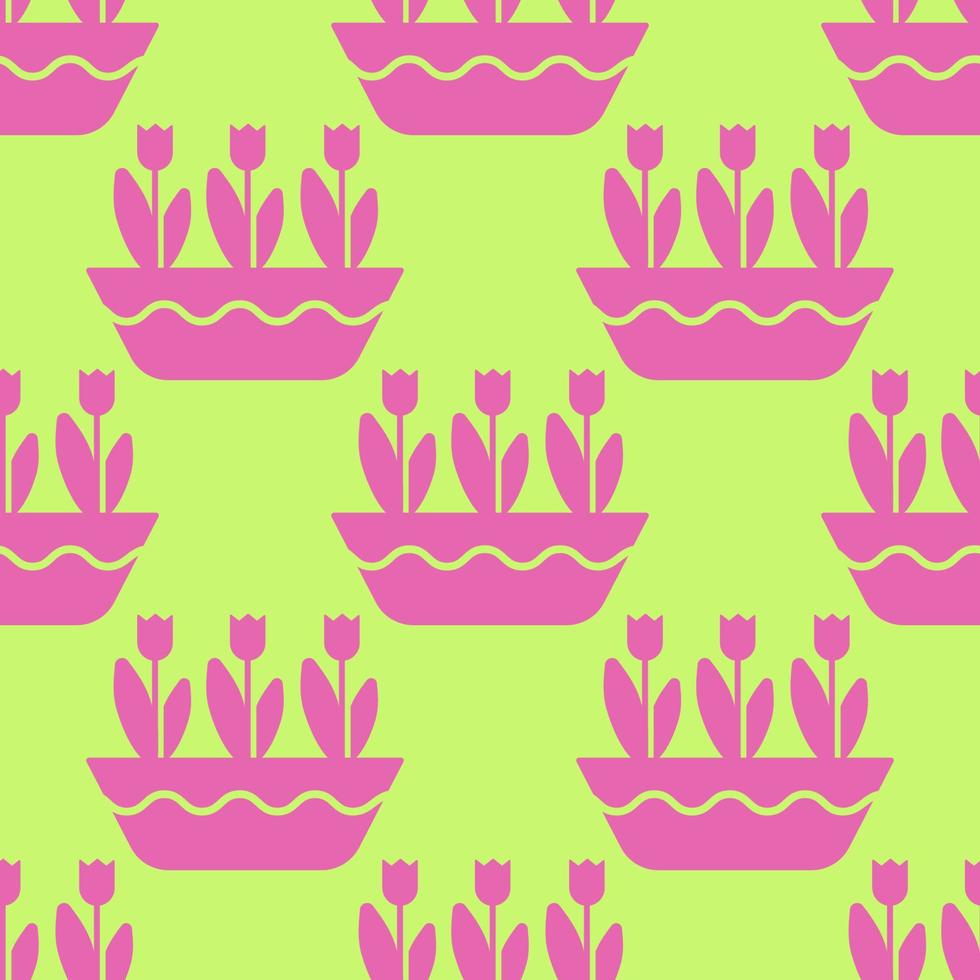 Tulips in a horizontal pot seamless pattern. Pink flowers on a green background. The symbol of a garden or farm. Vector spring background.