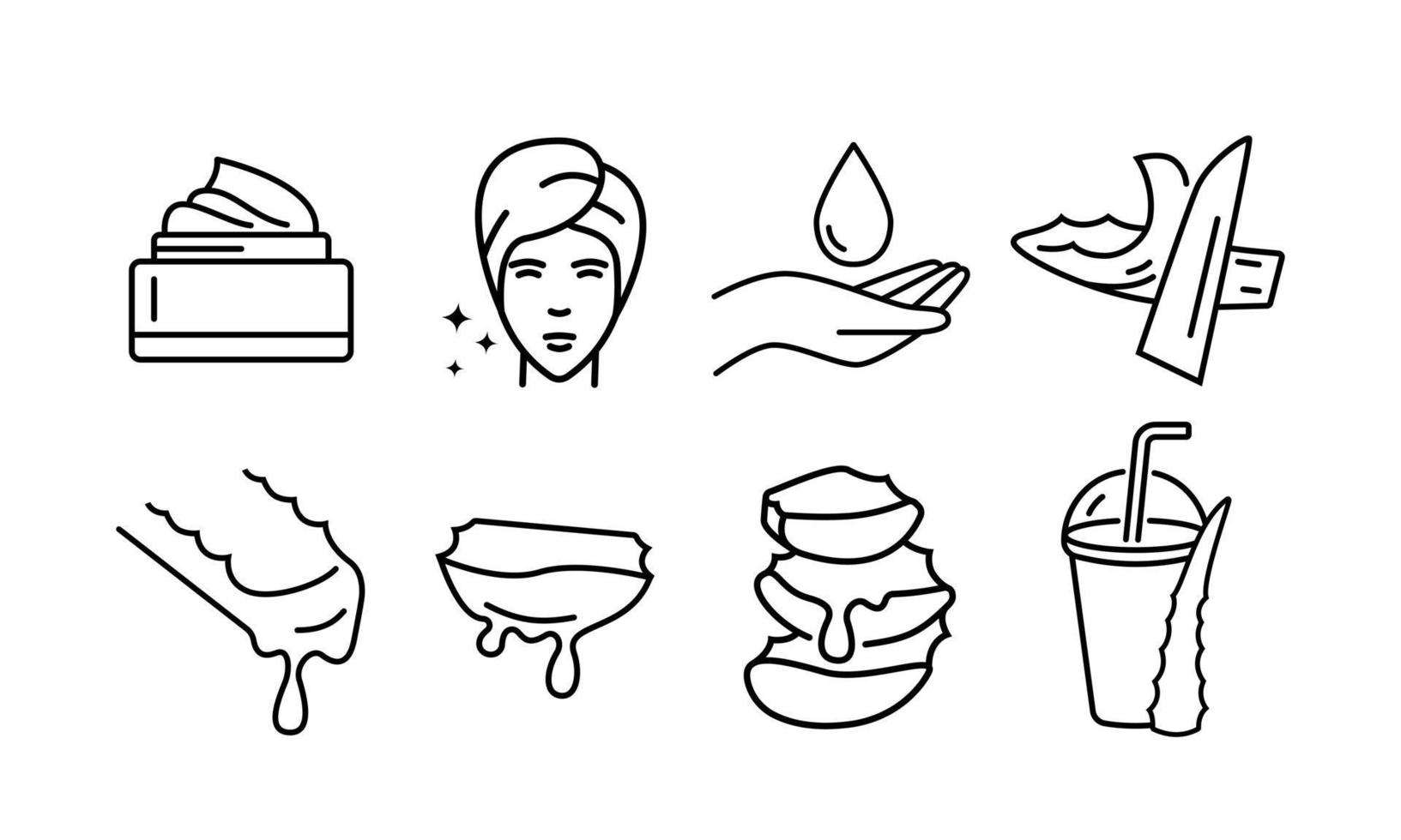Line icons set of aloe vera slices, aloe juice, cream, gel drop, face care. Design elements for packaging of moisturizer, organic food, beauty salons, eco cosmetics stores. Black outline, vector. vector
