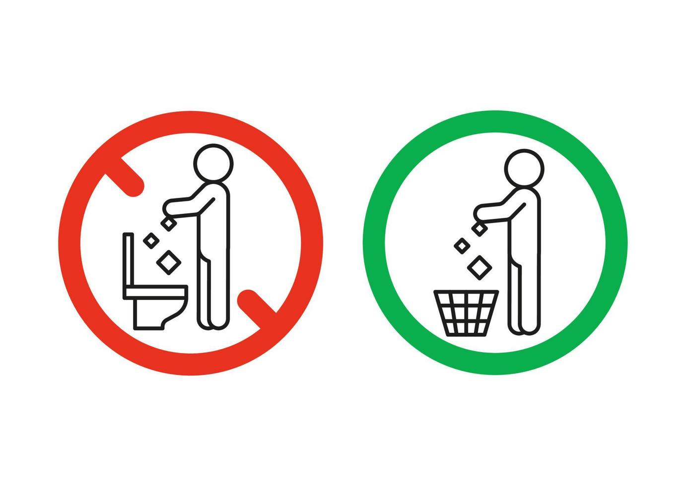 Rule take out trash in basket but not in toilet pan, prohibition warning sign. Do not throw garbage in toilet. Can throw rubbish into trash can. Problem of planet pollution, clean. Vector illustration