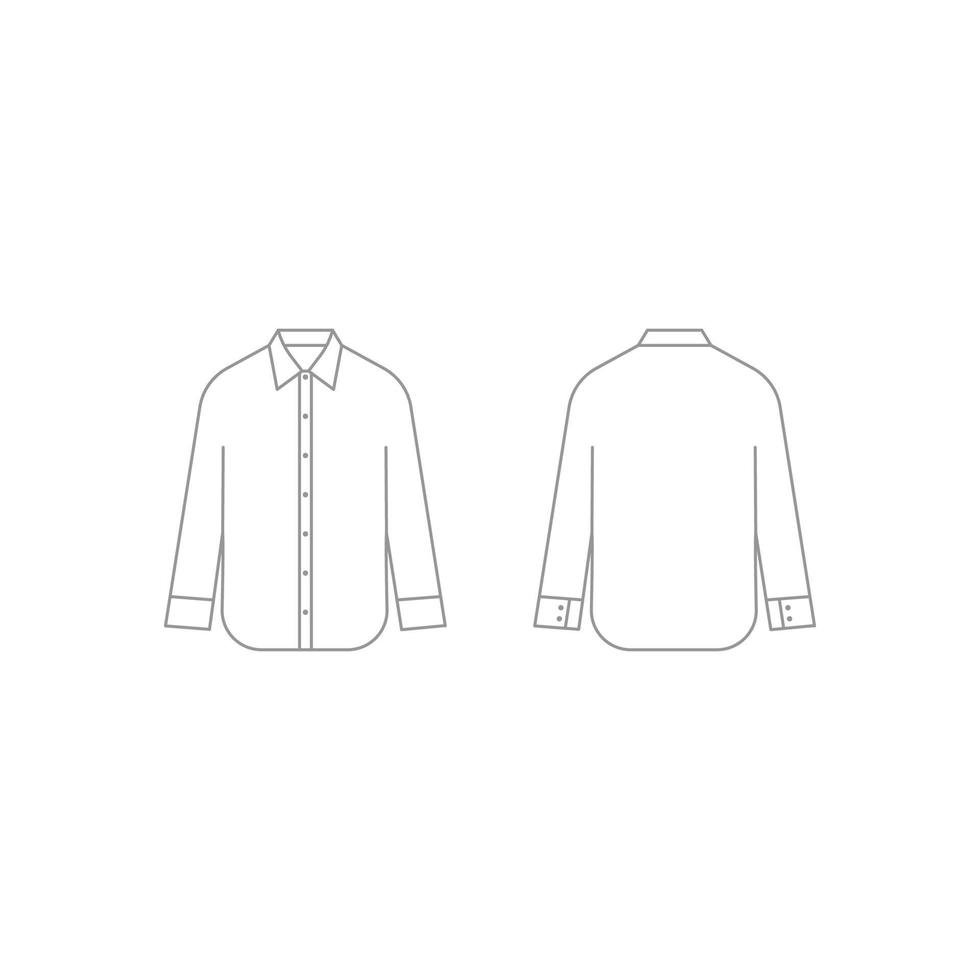 Unisex shacket clothes outline template with long sleeve. Apparel jacket technical mockup for man and woman. Shirt in front and back view. Vector flat illustration