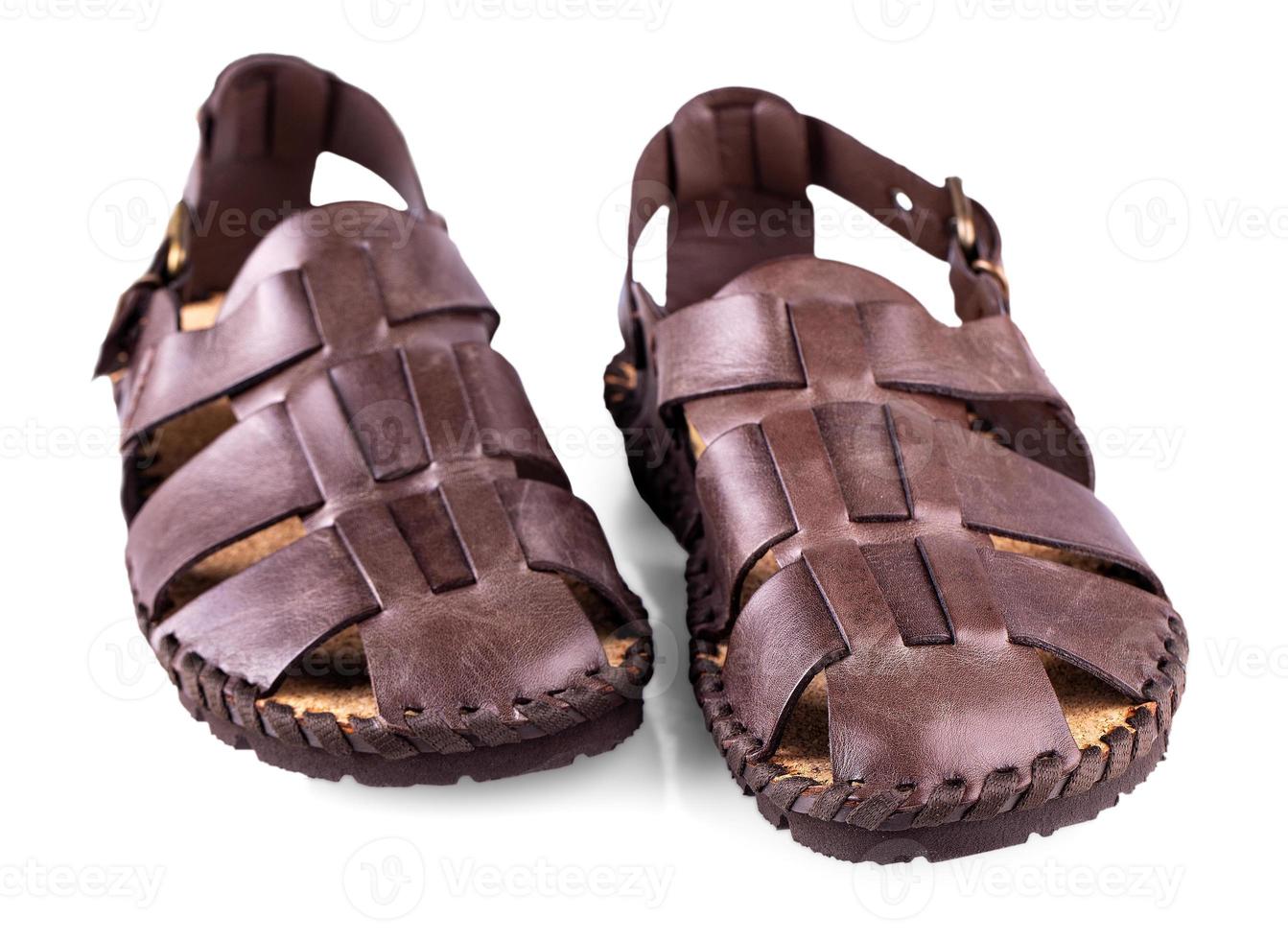 The leather brown men's sandals on white photo