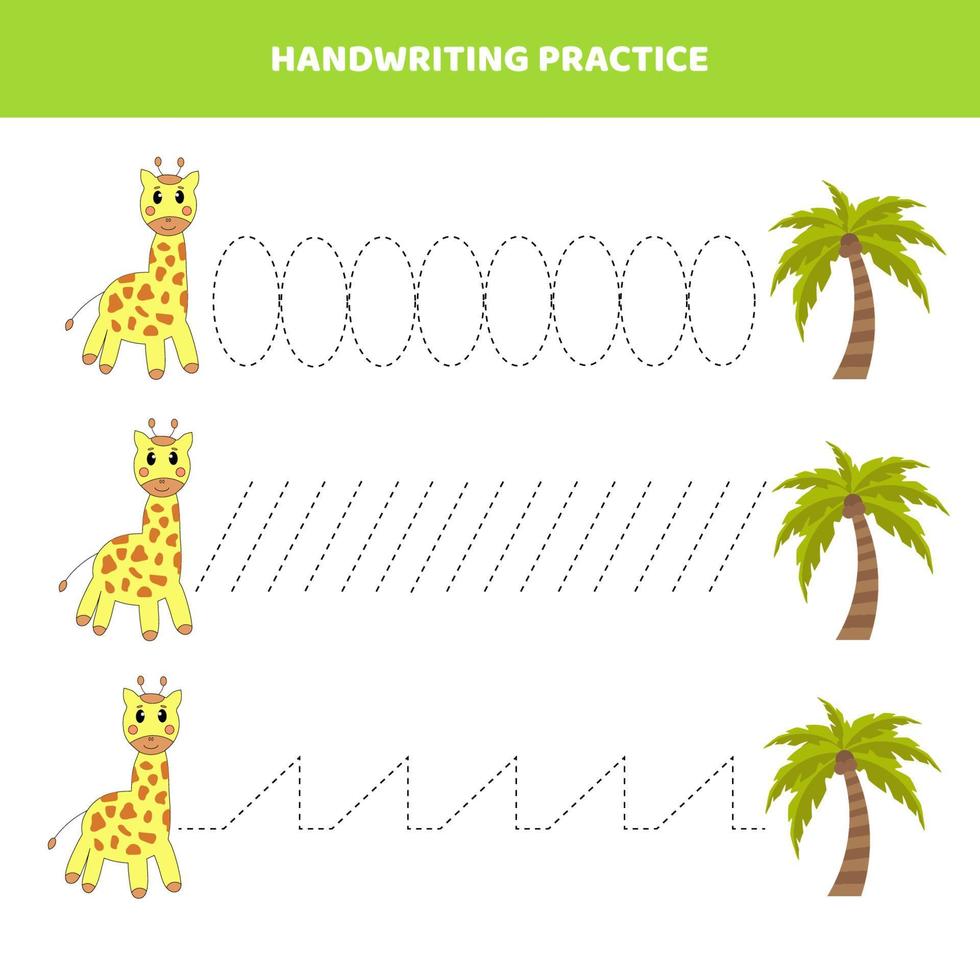 Handwriting practice for kids with cartoon giraffe and palm. vector