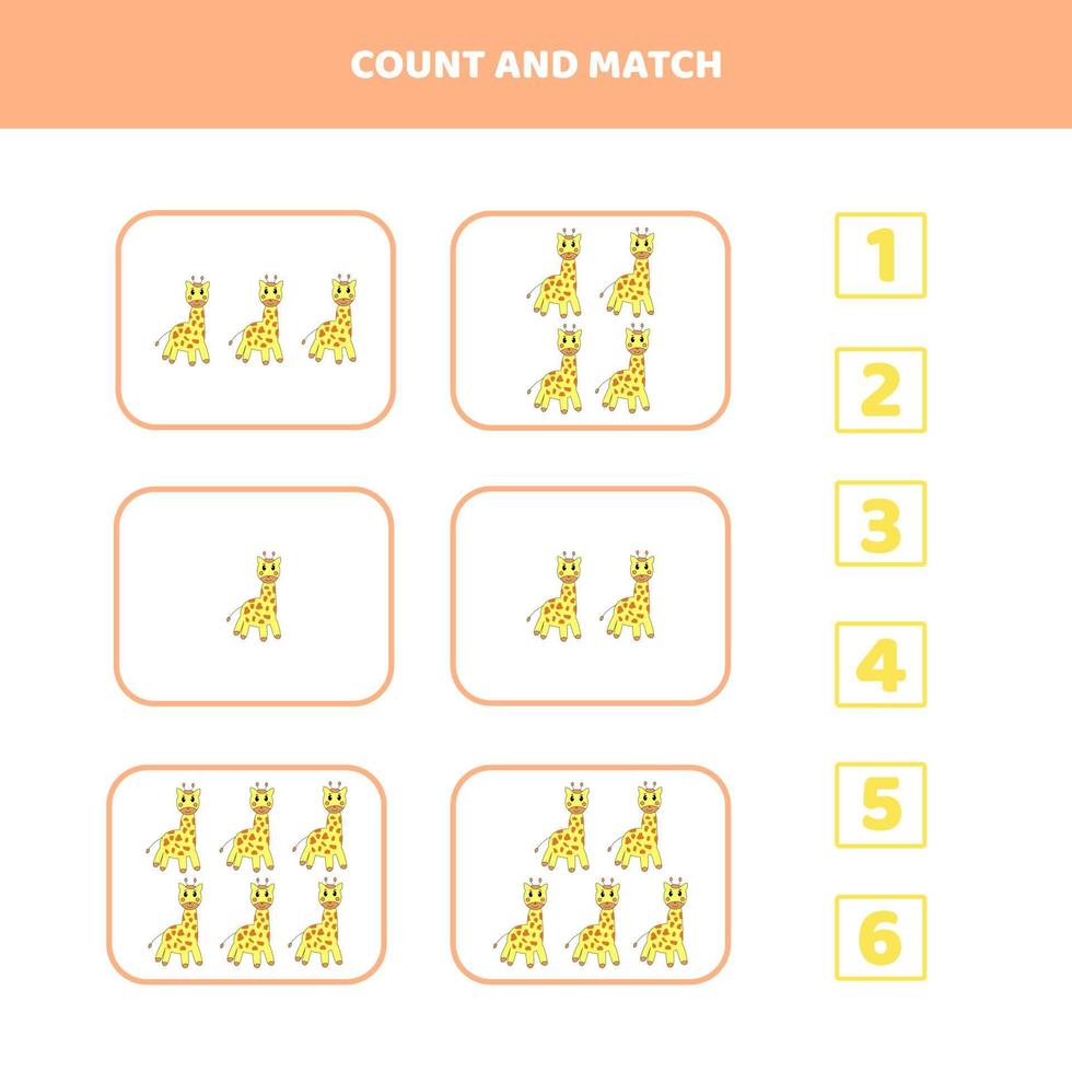 Count and match game for kids with a cartoon giraffe. vector