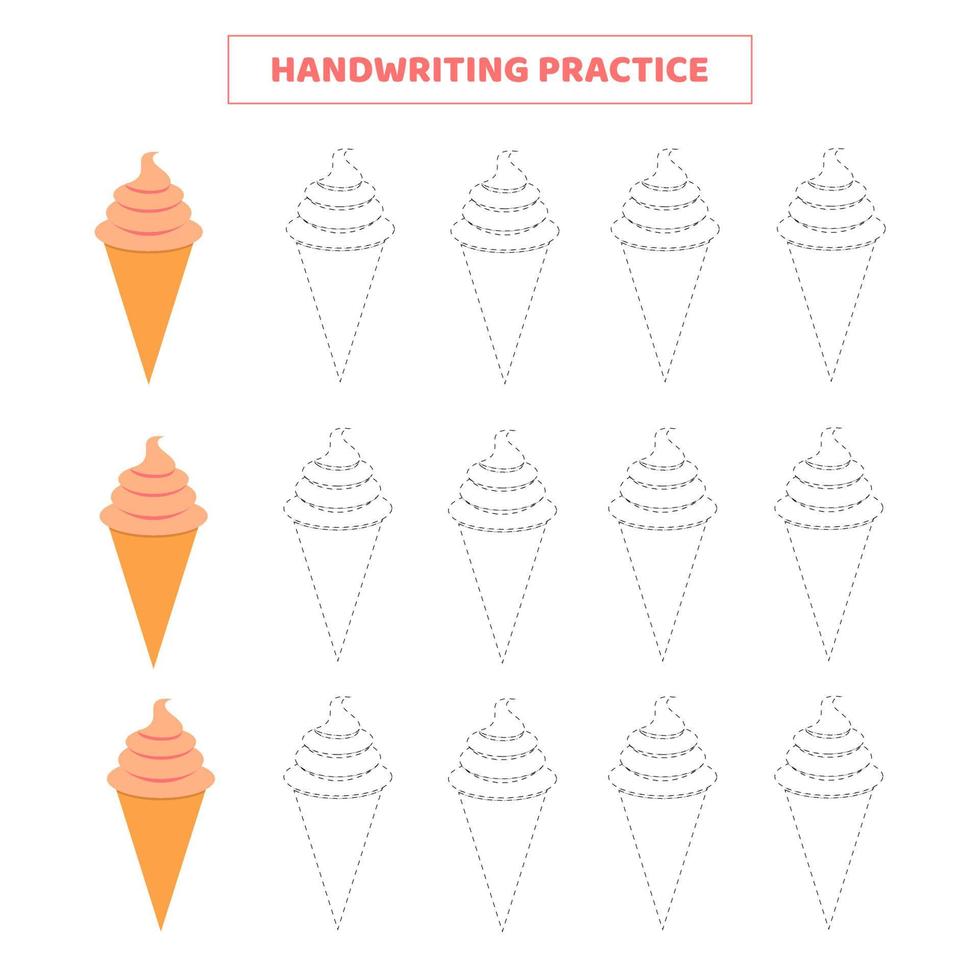 Handwriting practice for kids with cartoon ice cream. vector