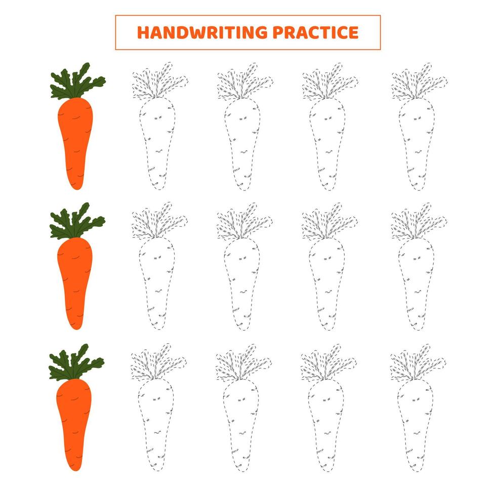 Handwriting practice for kids with cartoon carrot. vector